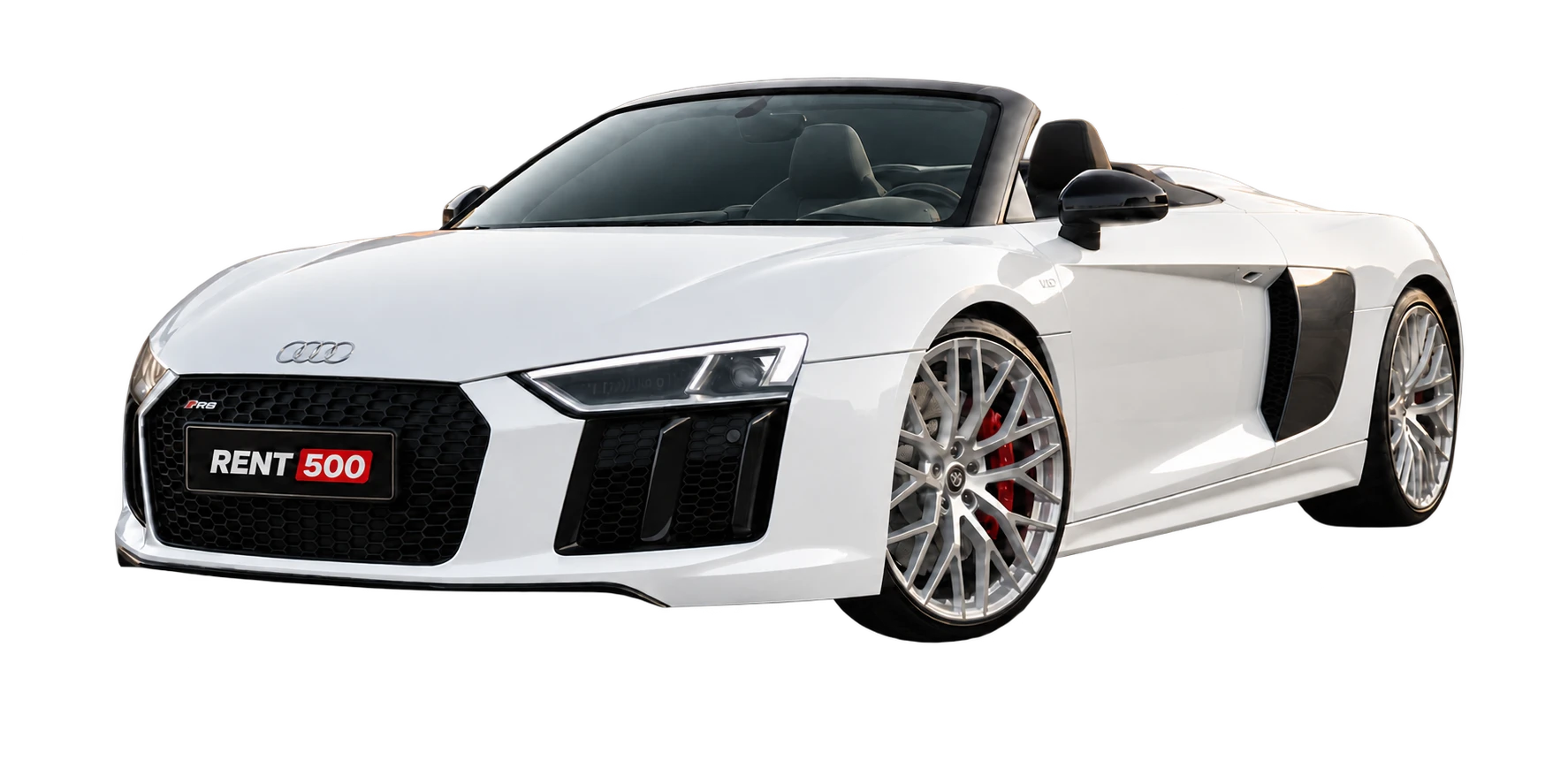 Weißer Audi R8 V10 Spyder von Rent500, Baujahr 2017, mit geöffnetem Dach
